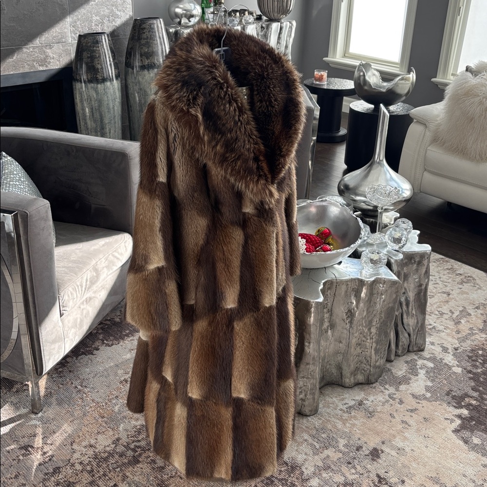 Vintage genuine, muskrat, long fur coat with huge raccoon fluffy collar small